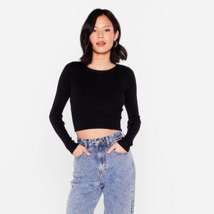 NWT Nasty Gal Cropped Ribbed Knit Crew Neck Sweater, Black